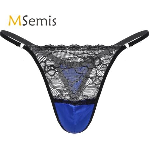 Swimwear Mens Sissy Satin Underwear Thong Lace Patchwork Panties G-string Briefs T-back Jockstrap Underpants for Lingerie Night