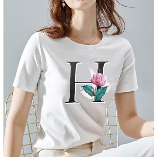 Summer Womens Fashion White T-shirt Funny Basic Wild 26 Flower Letter Series A To Z Letter Printing T-shirt H Flower Letter