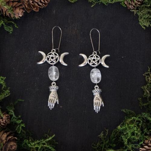 Crescent, Five-pointed Star, Hand, Crystal, Drop Earrings, Wikan, Gothic, Witch Jewelry, Ladies Gift
