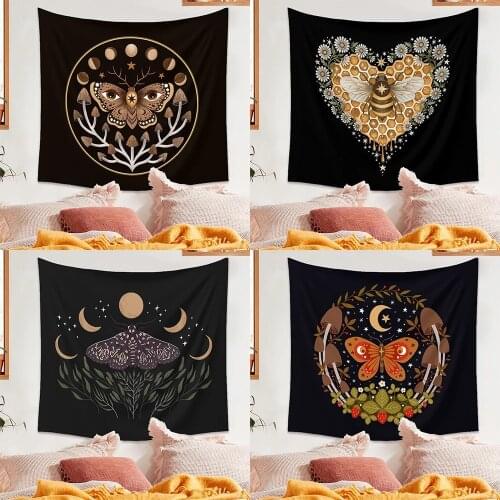 Bee Butterfly Flower Plant Tapestry Wall Hanging Black Background Cloth Moon Sun Tapestry For Farmhouse Decoration tapestry