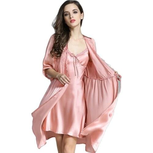 P9931 Wholesale female Summer Two Suit Luxury Sexy Clothing 100% Silk Pajamas Nightdress Nightgown