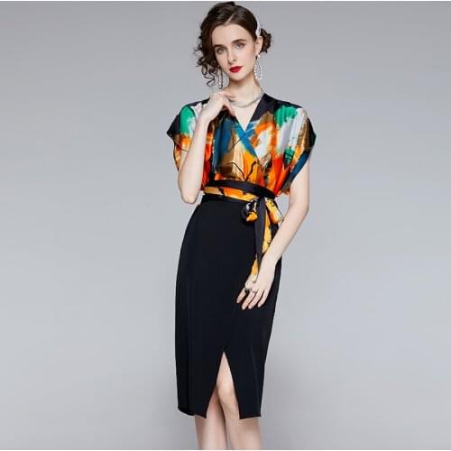 Menahem Elegant One-Piece Sexy Open Split Dress Women Raglan Sleeves Wrap V Neck Lace Up Patchwork Printed Midi Formal Vestidos