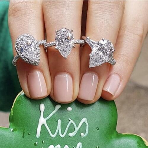 Real 925 sterling silver Created Diamond drop Rings for Women Eternal engagement Pear shaped cut Diamond ring finger jewelry