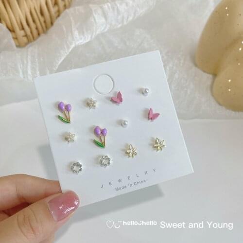 S925 Purple Tulip Flower Three-Dimensional Butterfly Earrings Set Pearl Five-Pointed Star Simple Female Small Earrings Tide