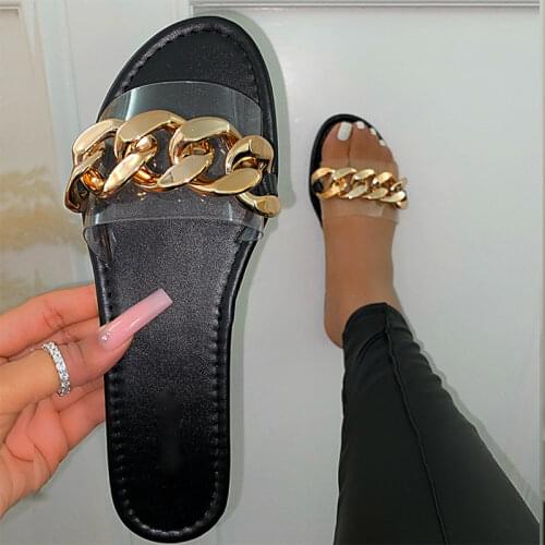 2021 Women Chain Slippers Woman Transparent Shoes Summer Female Sewing Flats Ladies Beach Footwear Fashion Slides Plus Size 42