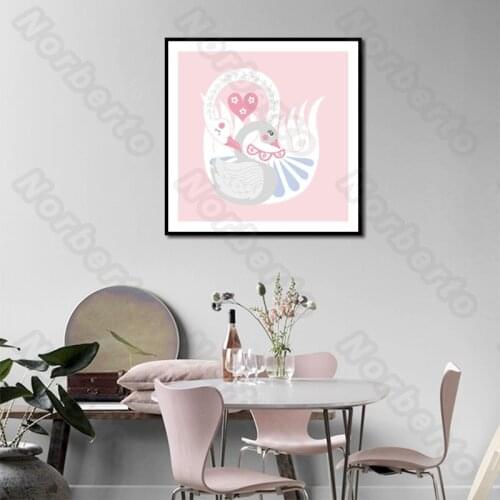Modern Cute Drwaing Canvas Painting Poster Pink Background White Goose Playing for Living Room Bedroom Restaurant Decoration