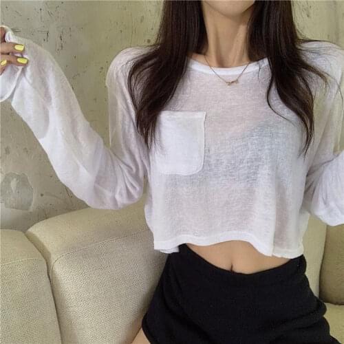 Thin Sunscreen T-shirt Womens Long-sleeved Spring And Summer 2021 New Solid Color Wild Korean Loose Short Crop Top