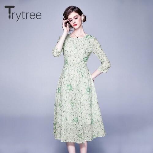 Trytree 2021 Spring Women Dress Casual O-neck Three Quarter A-line Embroidery Flower Fashion Elegant Green Mid-Calf Dress