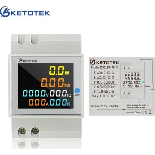 Ketotek Din Rail AC Power Energy kwh Meter Wattmeter LCD 110V 220 100A Voltmeter Ammeter Voltage Current Factor Volt Amp Monitor
