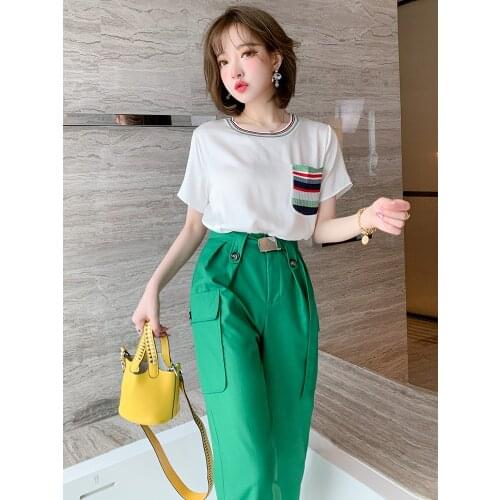 Top Quality Contrast knitted large round neck pocket, loose comfortable short sleeve new summer T-shirt