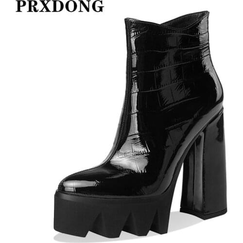 Women Boots New Fashion Genuine Patent Leather Autumn Winter Thick High Heel Platform Black Beige Dress Party Ankle Riding Boots