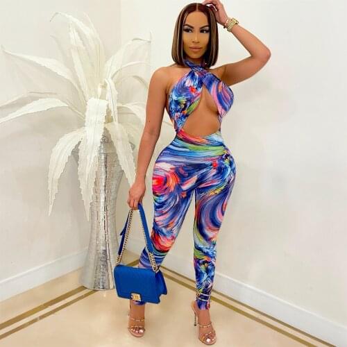 New Celebrity Bodycon Playsuit Fashion Hot Sexy Halter Blue Polyester Stretch Women Jumpsuit Casual Perspective Womens Bodysuit