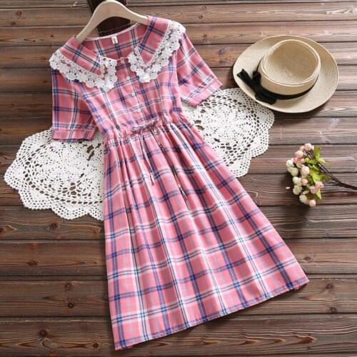 Women Lace Patchwork Peter Pan Collar Loose Plaid Vintage Dress Mori Girl Sweet Lolita Short Sleeve Dress