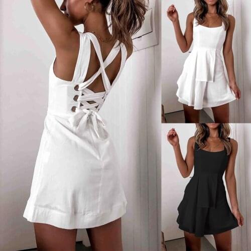 2021 Women Summer Streetwear A-Line Dress Patchwork Design Bandage Decor Backless Sleeveless Solid Color Slim Hips Mini Dress