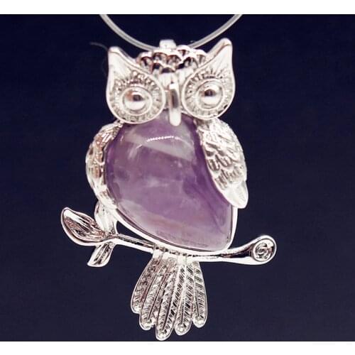 100-Unique Silver Plated Owl Shape Natural Purple Amethysts Stone Pendant Popular Accessories