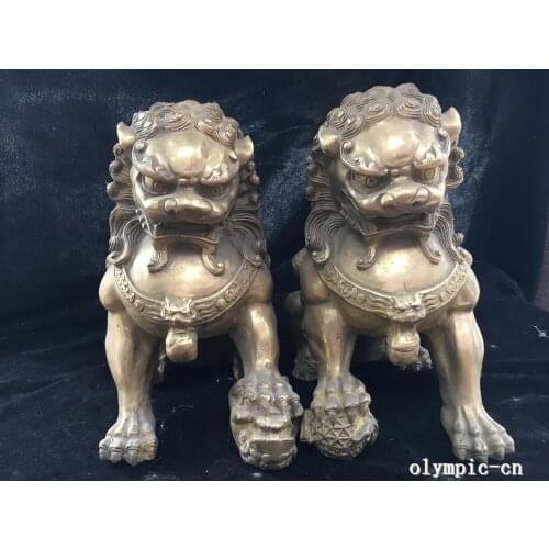9''copper sculpture Home fengshui auspicious beast Pair lion foo fu dog statue
