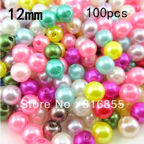 Free Shipping Wholesale 12mm 100 PCs Random Mixed Colors Imitation Pearl Round Beads Dia.Loose Beads for DIY