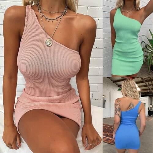 BKLD Women One Shoulder Dress 2020 Summer New Sleeveless Solid Bodycon Dress Women Bandage Party Mini Dress Sexy Club Wear