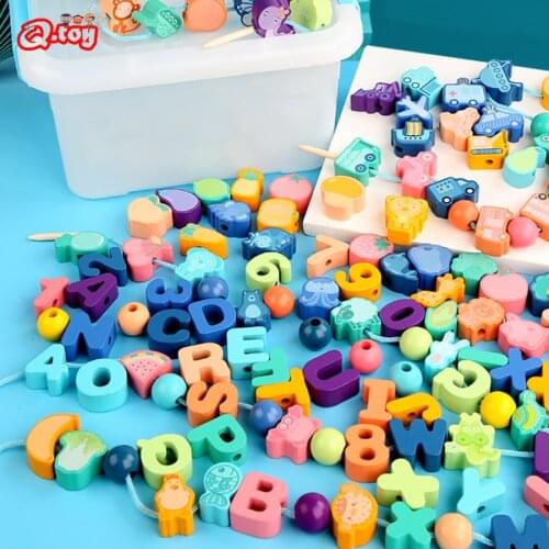 Wooden Blocks Cartoon Animals Fruit ABC Block Wooden Toys Stringing Threading Beads Game Educational Toy for Baby Kids Children