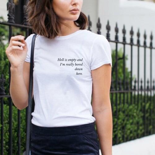 Hell Is Empty and I'm Really Bored Down Here T-Shirt Letter Graphic Tees Girls Cute Short Sleeve Tumblr Aesthetic Grunge Tshirts