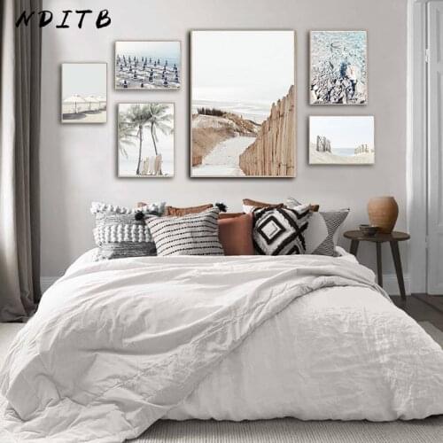 Summer Tropical Beach Canvas Poster Umbrella Surfboard Nature Seascape Wall Art Print Painting Living Room Decoration Picture