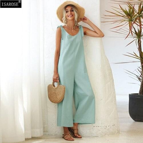 ISAROSE Backless Overalls Female Lace Up Bandage Shoulder Straps Summer Cotton Loose Suspenders Trousers Wide Legs Jumpsuits 2XL