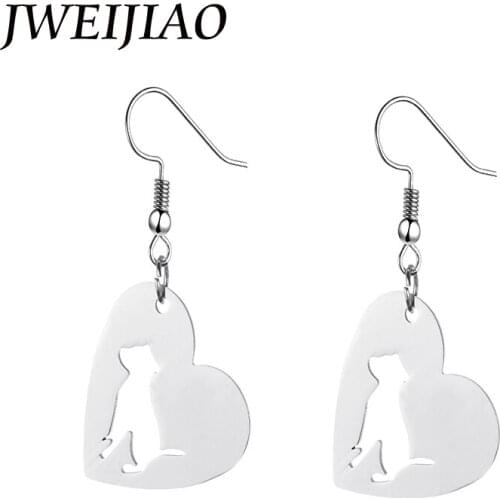 JWEIJIAO Bulldog Heart Shape Drop Earrings Hollow Animal Dog Pendant Earrings Stainless Steel Women Love Animal Jewelry SKU01