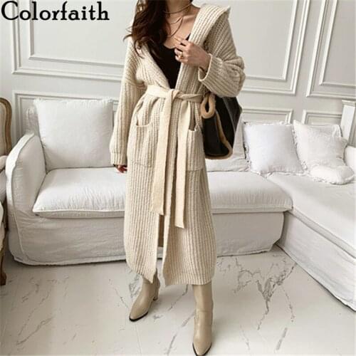 Colorfaith New 2021 Womens Autumn Winter Sweaters Elegant Lady Hooded Cardigans Fashionable Lace Up Wild Long Knitwear SWC3380