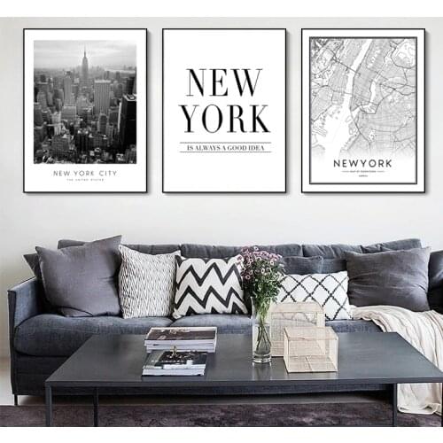 New York Map Modern City Scene Canvas Paintings Black and White Wall Art Pictures Posters and Prints for Living Room Home Decor