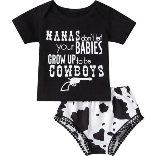 2Pcs Newborn Baby Girls Outfit Toddlers Sweet Style Summer Round Collar Short Sleeve Letter Top + Cow Print Lace Shorts
