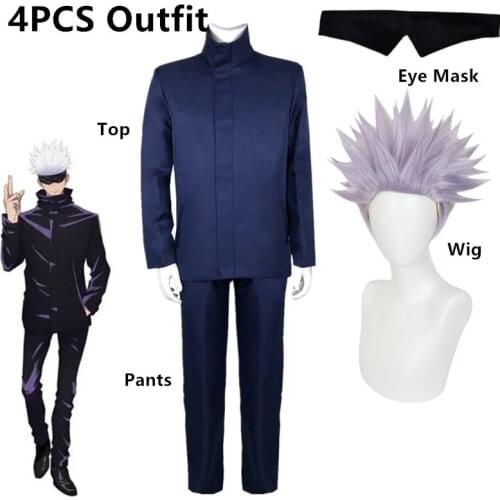 Jujutsu Kaisen Anime Gojo Satoru Cosplay Costumes Top Pants Halloween Party High School Uniform Set Including Wigs Eye Mask