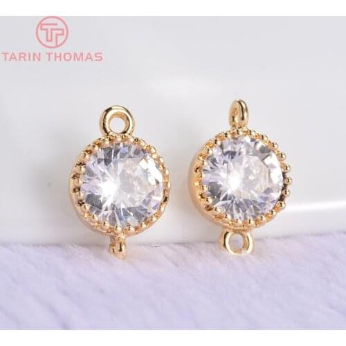 6PCS 11.5x7MM 24K Gold Color Plated Brass with Zircon Round 2 Holes Connector High Quality DIY Jewelry Making Findings