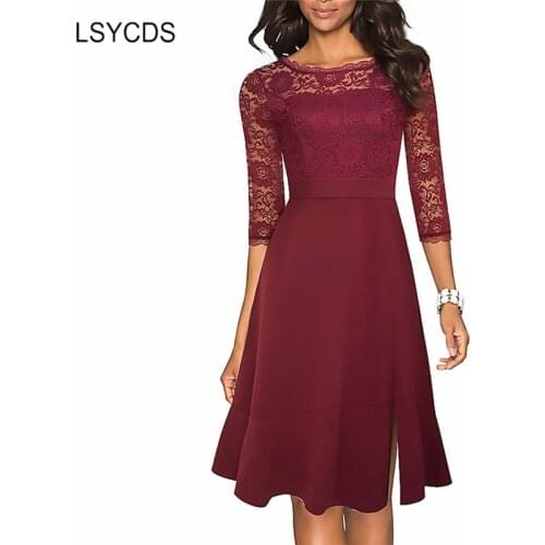 LSYCDS Elegant Lace Dress for Women 2021 Spring 3/4 Sleeve Black Wine Red Side Split A Line Flared Casual Woman Party Dresses
