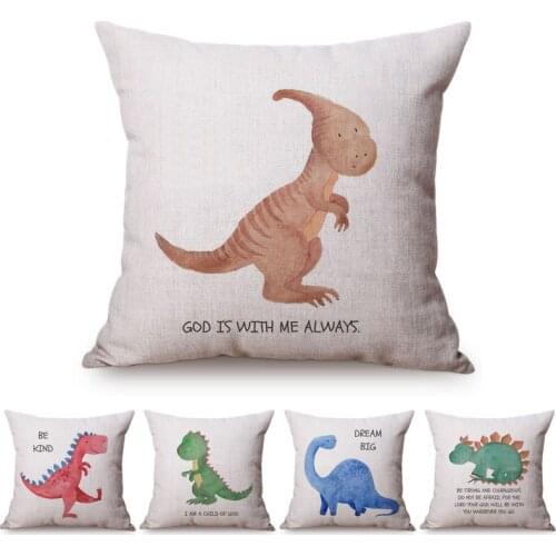 Cute Dinosaur Nordic Watercolor Cartoon Painting Kids Nursery Art Room Decoration Throw Pillow Case Cotton Linen Cushion Cover