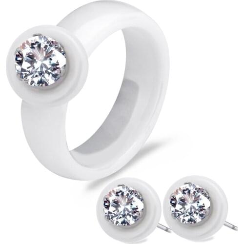 Black White Fashion Ceramic Jewelry Set Women Ladies Stud Earrings & Finger Rings With Big Shiny Crystal Wild Minimalist Style