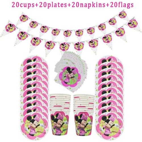 80pcs Minnie Mouse Theme Cartoon Disposable Tableware kids Birthday Party Paper Cups +Plates+Napkins+Flags Sets Party Supplies