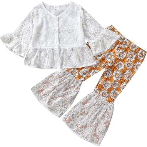 Citgeett Autumn Kids Girls Casual Clothes Set Long Sleeve Lace Hem Tops and Floral Printed Pattern Flared Pants Clothes