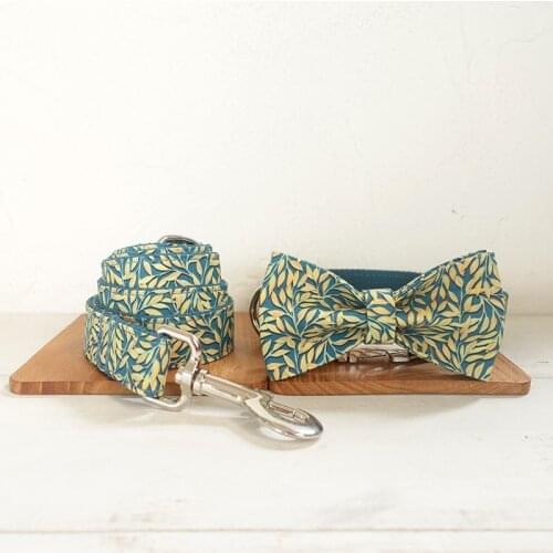 Personalized ID Dog Collar and Leash Set With Bowtie Gold Leaves Quality Metal Buckles Dog Collar The Designer Collar Adjustable