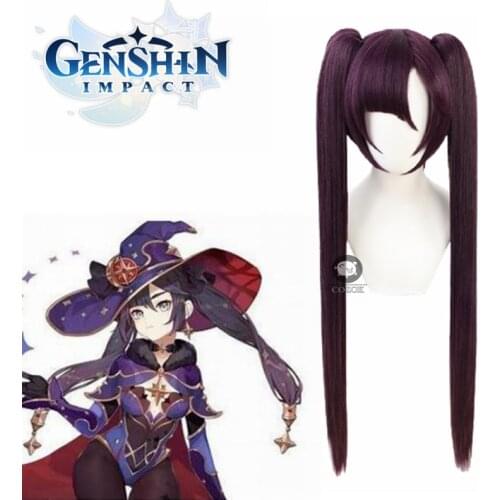 Game Genshin Impact Mona Cosplay Wig Long Straight Purple Wigs with Ponytails Heat Resistant Synthetic Hair Role Cos