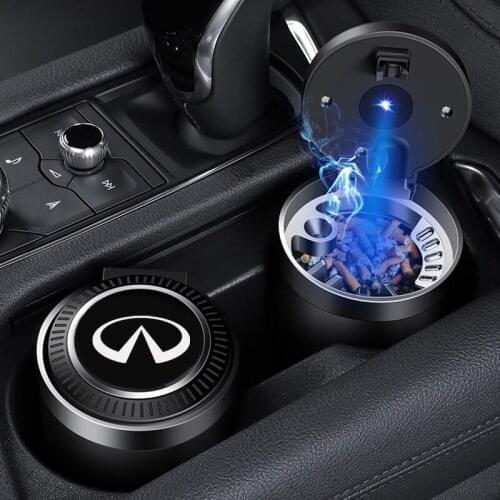 Car Ashtray With LED Light For INFINITI Q30 Q50 Q60 QX30 QX50 QX60 QX70 QX80 G25 G35 FX35 FX Logo Smoking Cigarette Ashtray Box