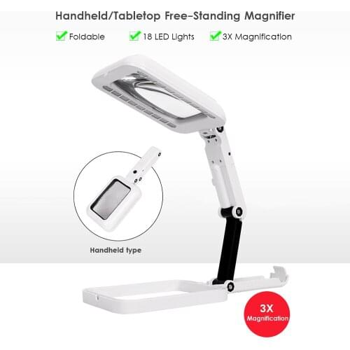 Handheld Magnifier Lighted Magnifying Glass Lens Foldable Tabletop Freestanding Square Magnifier with Warm and Cool LED Lights