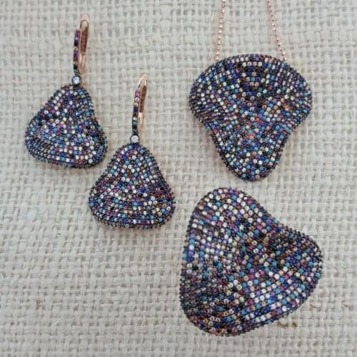 Silver Set 925 Silver Flower Rainbow Ring Earing Necklace Set