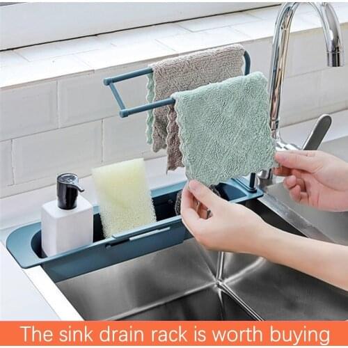 Kitchen telescopic sink faucet rack sponge soap drain pipe rack storage box storage basket adjustable bathroom storage rack