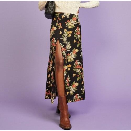 Skirts Womens 2021 Fashion Women Fruit And Floral Print Vintage Elegant Long Skirt High Waist A Line Sexy High Slit Midi Skirt