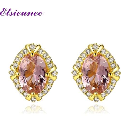 ELSIEUNEE New 100% 925 Sterling Silver Oval Morganite Gemstone Stud Earrings 18K Gold Color Wedding Party Fine Jewelry Wholesale