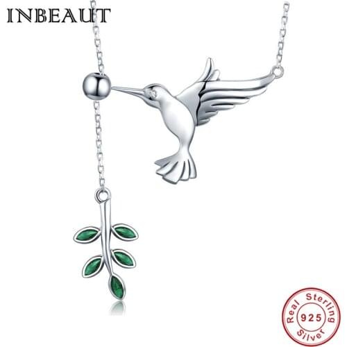 INBEAUT Women 925 Sterling Silver Cute Humming Flying Bird Greetings Tree Leaf Pendant Necklace for Date Jewelry Daughter Gift