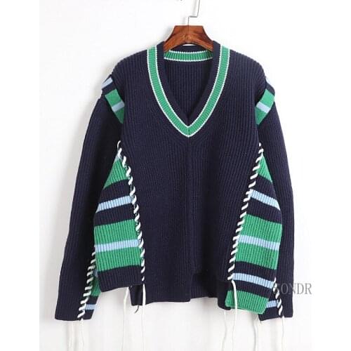 Lazy Oaf Oversized Sweater Long Pullovers Women Striped Patchwork Irregular Sweater Women Fashion Cool Streetwear V Neck Jumpers