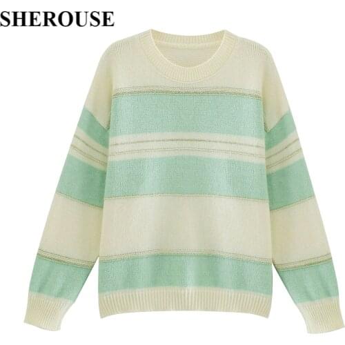 SHEROUSE Fashion Women Knit Sweater Top Long sleeves O-Neck Knitwear Color Contrast Knitted sweaters Casual Pullover Woman Tops