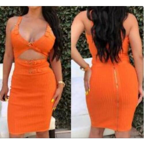 High Quality Orange Red Sexy Women V-Neck Hollow Out Rayon Bandage Elegant Homecoming Evening Party Dress