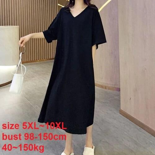 Plus Size 10XL 150KG Summer Women Loose Dress Casual Black White Large Long Dresses Cotton Dresses V Neck